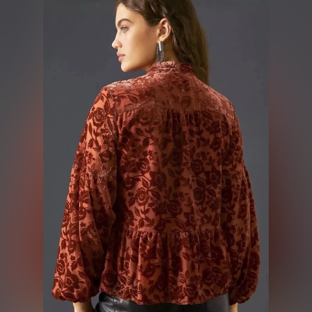 Anthropologie Rust Red Velvet Tie Front Blouse with Relaxed Sleeves - Picture 10 of 10